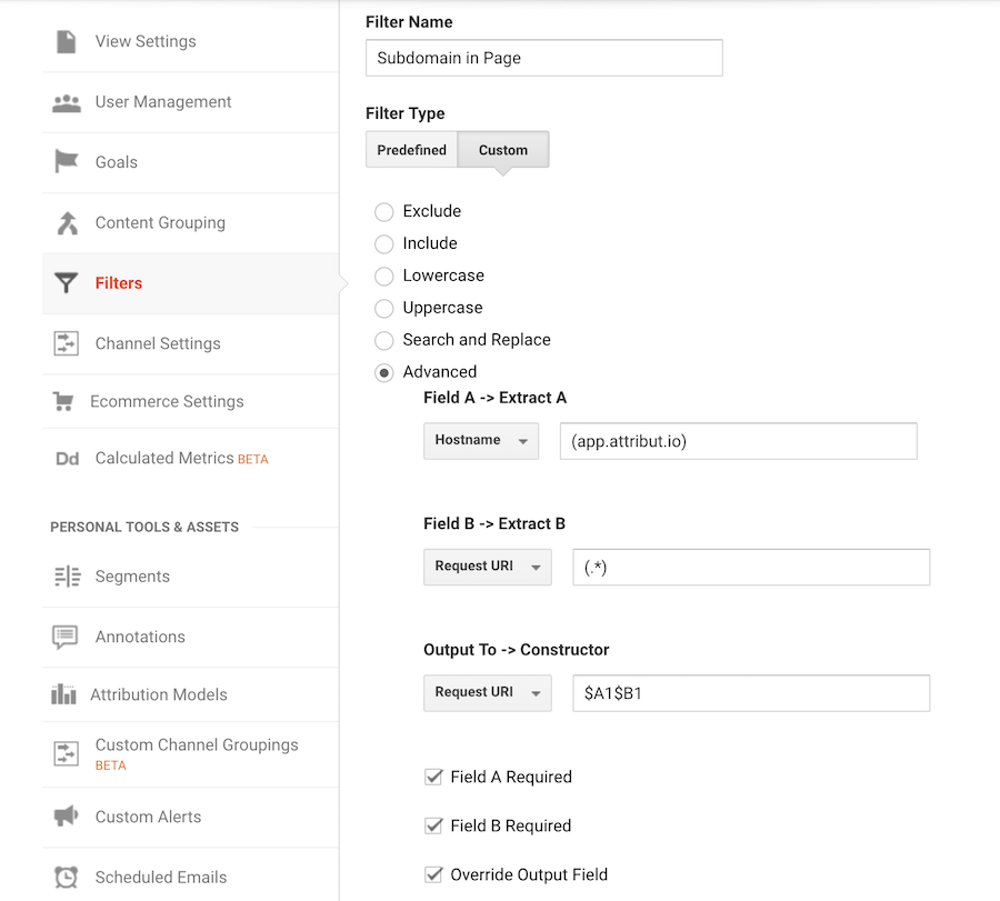 view filter for hostname path google analytics sub domain