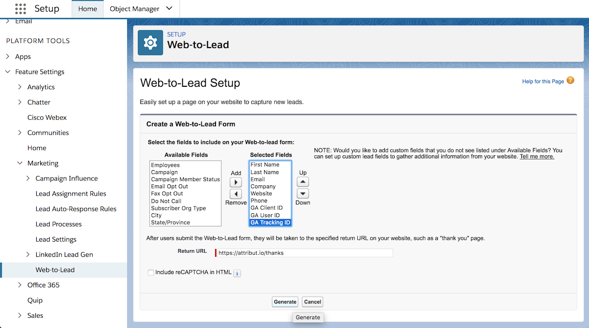 salesforce gclid lead form setup