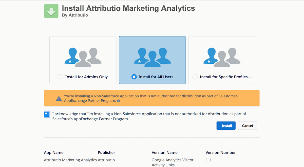 install salesforce marketing analytics attribution app